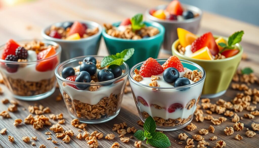 Homemade granola cups filled with yogurt, topped with fresh fruit and a drizzle of honey.