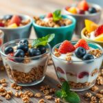 Homemade granola cups filled with yogurt, topped with fresh fruit and a drizzle of honey.