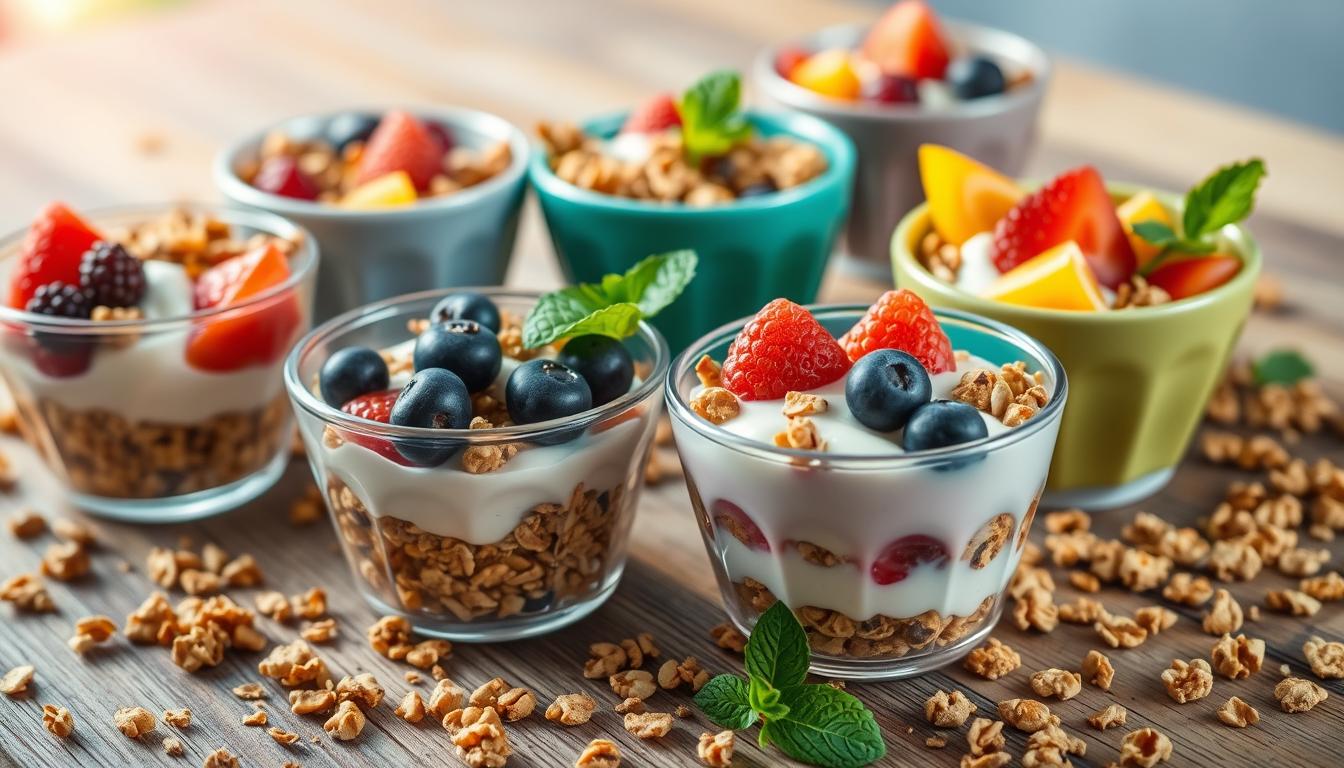 Homemade granola cups filled with yogurt, topped with fresh fruit and a drizzle of honey.