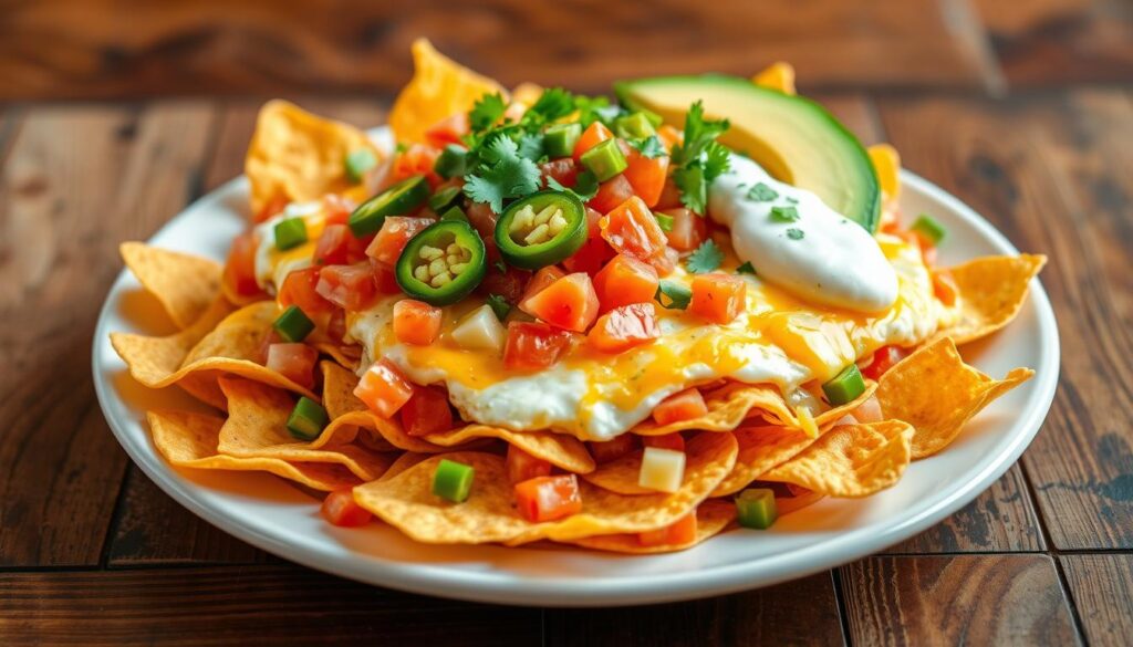 A plate of breakfast nachos topped with scrambled eggs, melted cheese, salsa, avocado slices, and fresh cilantro.