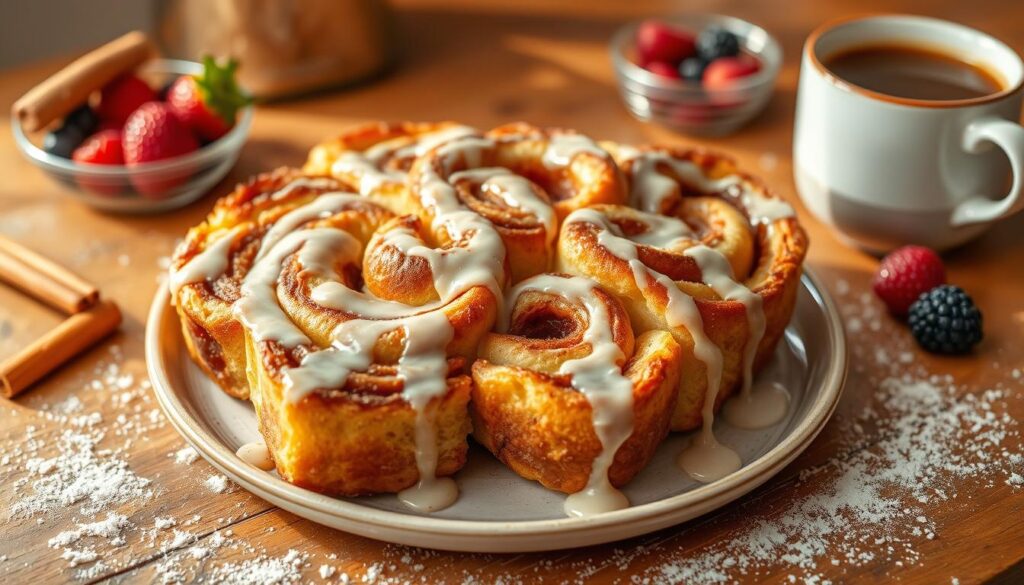 A warm cinnamon roll pull-apart toast topped with drizzled icing and a sprinkle of cinnamon.