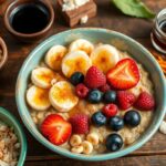 A bowl of Mexican oatmeal topped with cinnamon, brown sugar, and fresh fruit, served with a spoon.