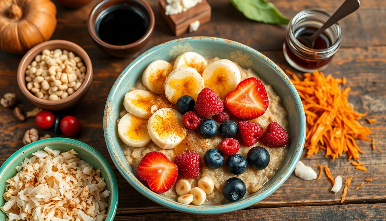 A bowl of Mexican oatmeal topped with cinnamon, brown sugar, and fresh fruit, served with a spoon.