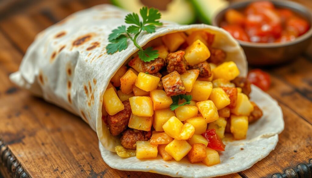 A breakfast burrito filled with crispy potatoes, spicy chorizo, scrambled eggs, and melted cheese, served with salsa on the side.