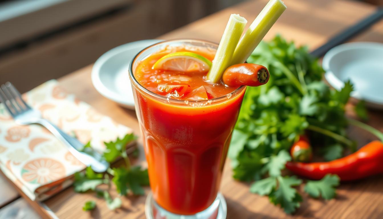 A Bloody Maria cocktail garnished with lime, celery, and a salted rim, served in a tall glass over ice.