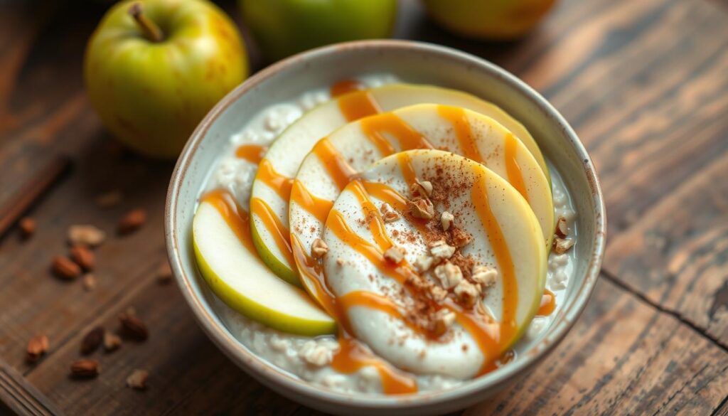 A jar of caramel apple overnight oats topped with fresh apple slices, caramel drizzle, and a sprinkle of cinnamon.