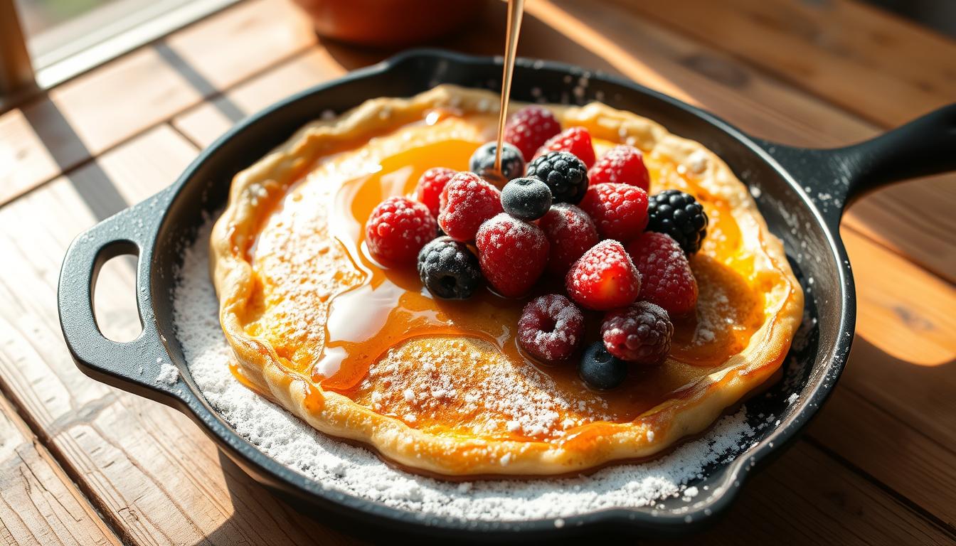 A golden-brown baked skillet pancake topped with fresh berries, a dusting of powdered sugar, and a drizzle of syrup.