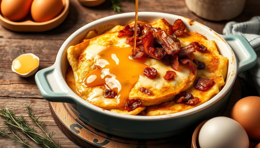 A golden-brown McGriddle casserole with layers of pancakes, sausage, eggs, and syrup, baked to perfection.