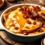 A golden-brown McGriddle casserole with layers of pancakes, sausage, eggs, and syrup, baked to perfection.