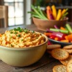 Creamy homemade pimento cheese spread served in a bowl with crackers and fresh vegetables