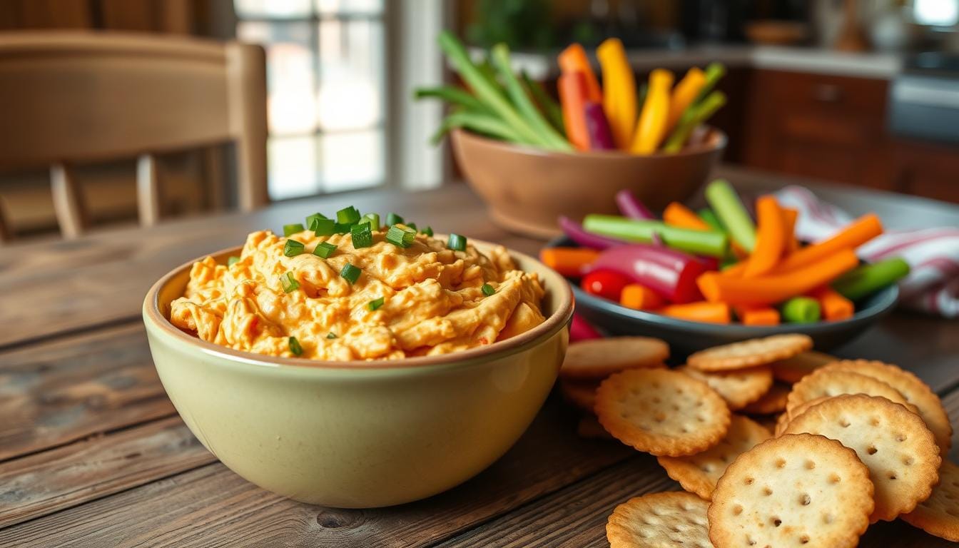 Creamy homemade pimento cheese spread served in a bowl with crackers and fresh vegetables