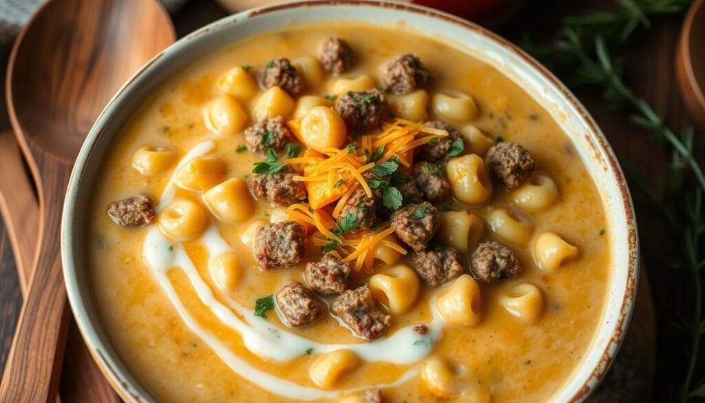 A bowl of creamy cheeseburger macaroni soup with ground beef, pasta, and melted cheese, perfect for a comforting family meal