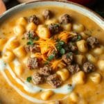 A bowl of creamy cheeseburger macaroni soup with ground beef, pasta, and melted cheese, perfect for a comforting family meal
