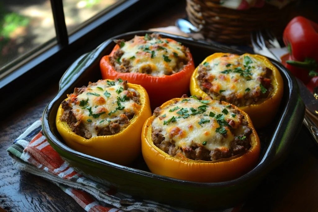 Old fashioned stuffed bell peppers with ground beef and rice, baked until tender