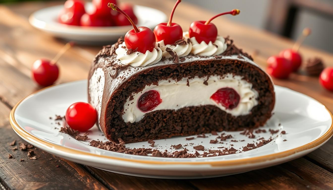 A rich Black Forest roll cake filled with whipped cream and cherries, topped with chocolate shavings.