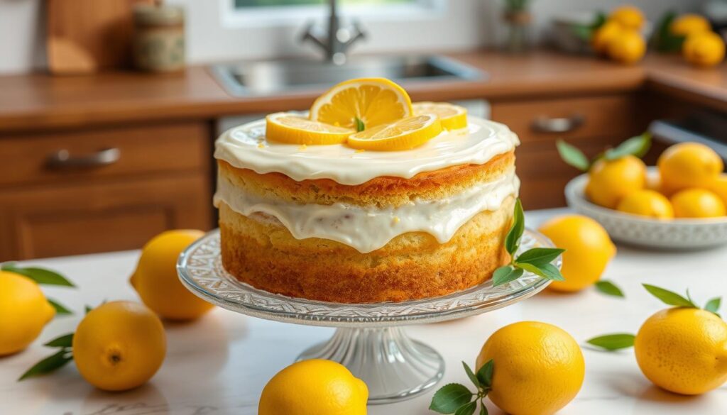 A moist lemon cake topped with lemon glaze and garnished with fresh lemon slices.