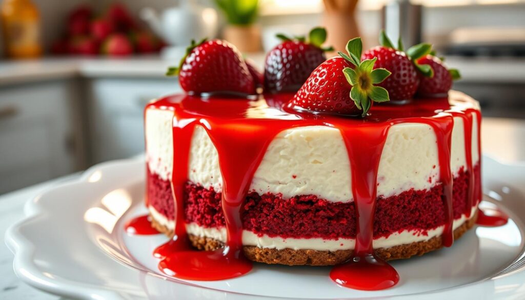 A slice of red velvet strawberry cheesecake with layers of creamy cheesecake, red velvet cake, and fresh strawberries on top.