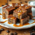 Squares of caramel coffee fudge with a creamy texture, topped with caramel drizzle and a sprinkle of coffee grounds.