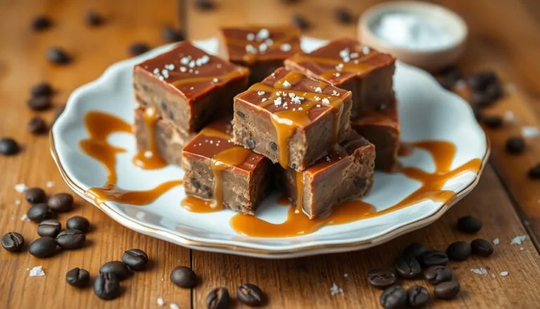 Squares of caramel coffee fudge with a creamy texture, topped with caramel drizzle and a sprinkle of coffee grounds.