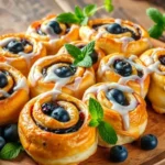 A plate of blueberry cheesecake rolls with a golden brown crust, filled with creamy cheesecake and fresh blueberries.