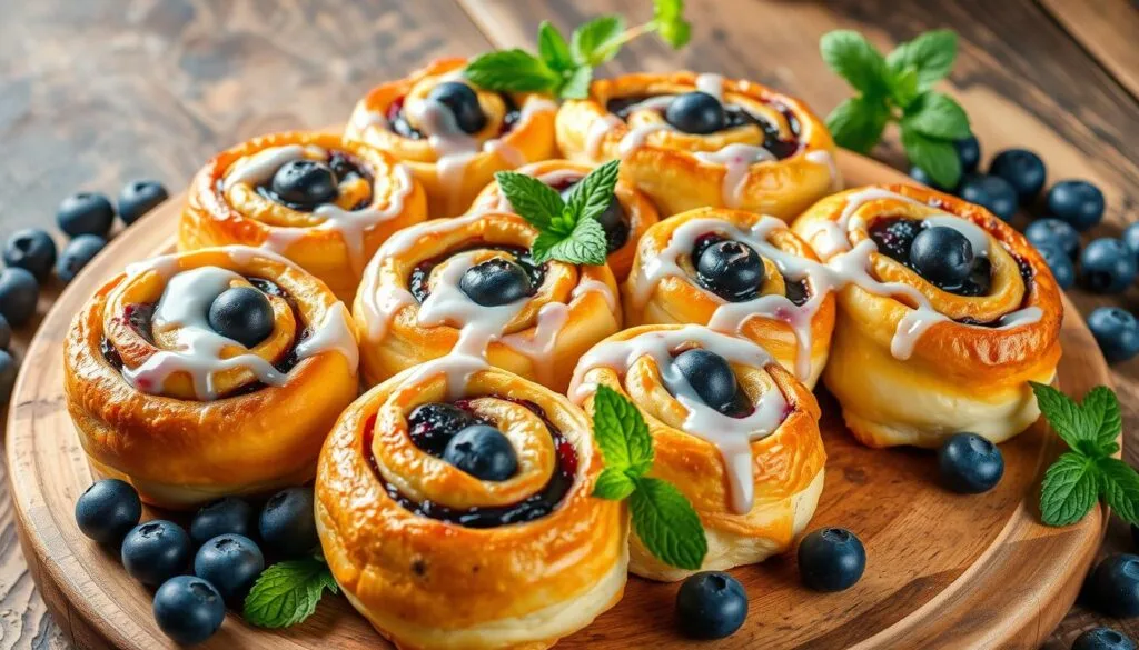 A plate of blueberry cheesecake rolls with a golden brown crust, filled with creamy cheesecake and fresh blueberries.