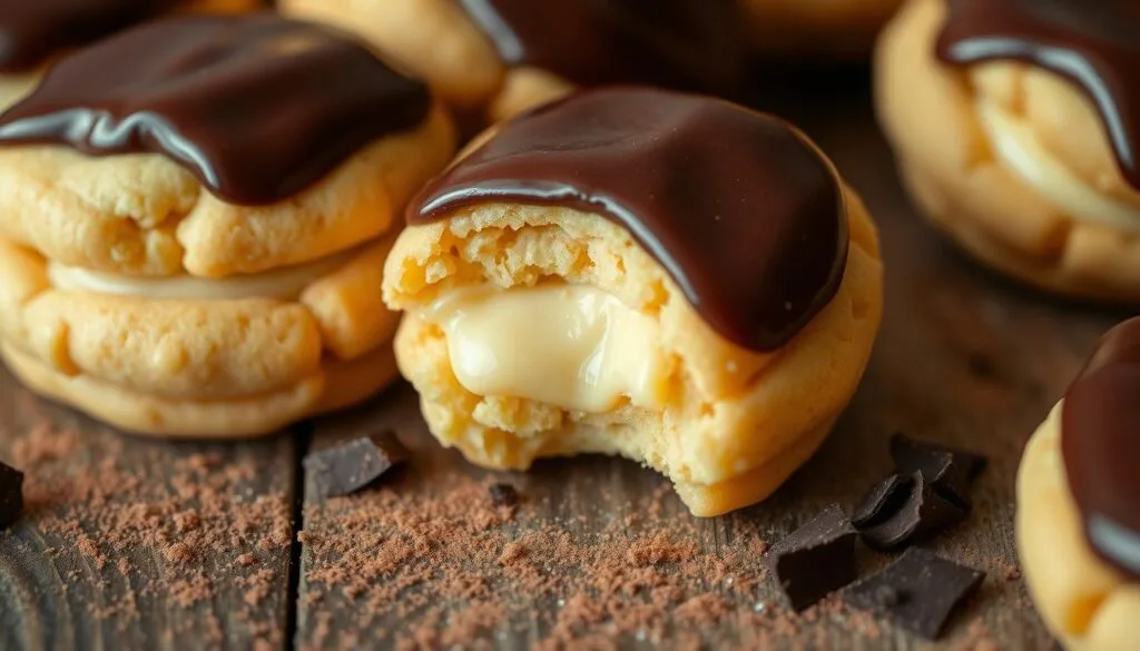 A batch of Boston Cream Pie cookies with creamy custard filling and chocolate topping, displayed on a plate.