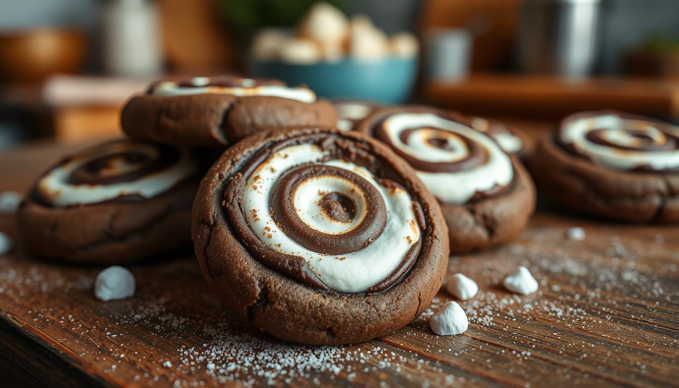 A batch of chocolate marshmallow swirl cookies with gooey marshmallow and rich chocolate swirls on a baking tray.